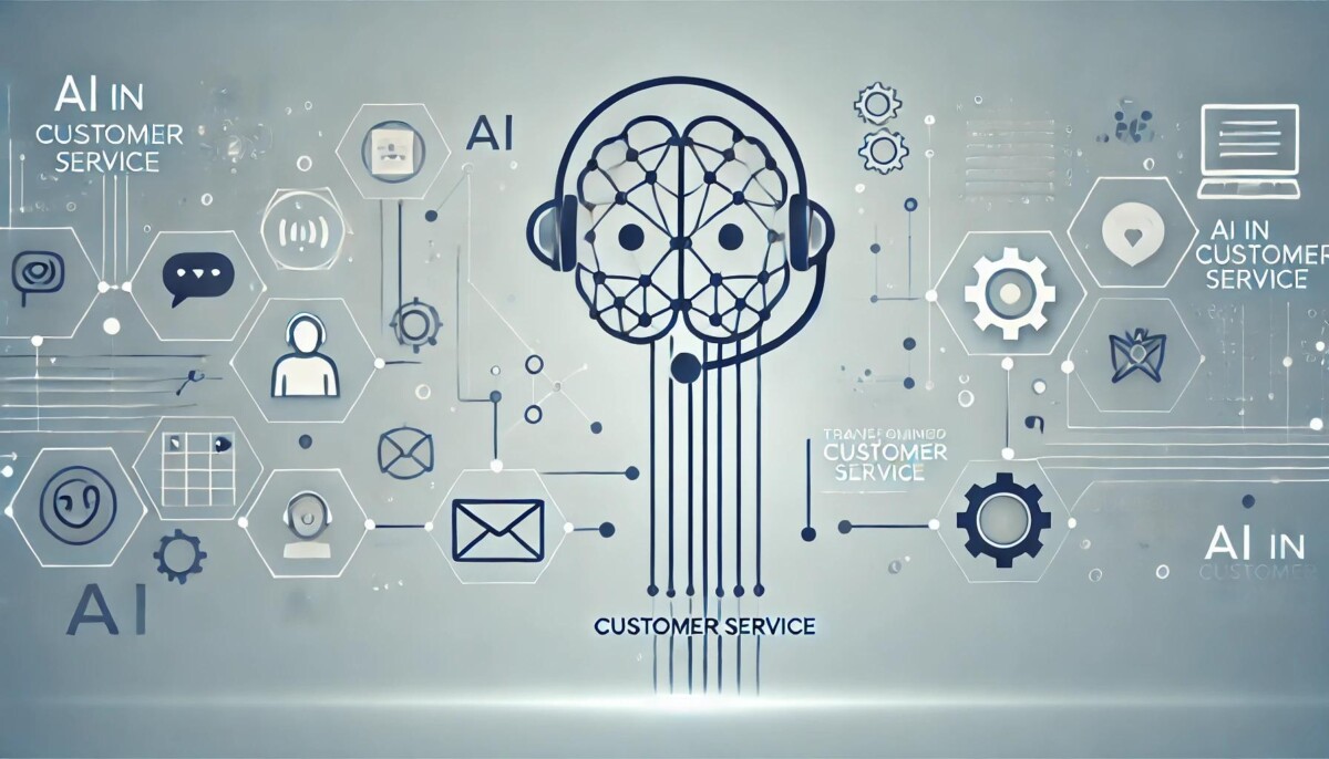 A minimalist cover image for an article titled "AI in Customer Service," featuring a stylized chatbot icon connected to customer service symbols like a headset and envelope, with a sleek blue and white color scheme.